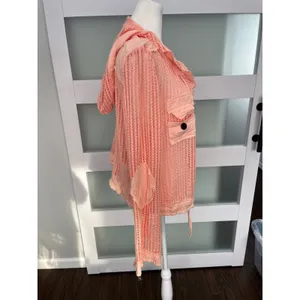Open Knit Button Down Hooded Shirt Coral Pink‎ Mesh Drawstring Top XL thumbnail 4
