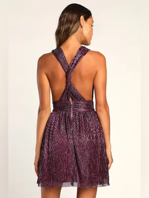 Lulu's Metallic Deep Plum Plunge Mini Dress size L thumbnail 4