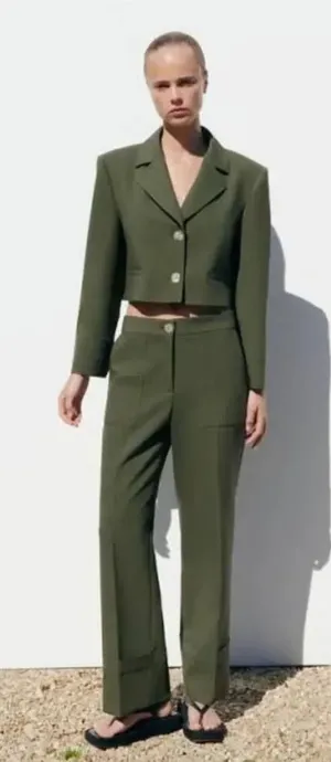 Zara Pants Trousers Straight Leg Turned Up Cuff Green Size Medium‎ thumbnail 1