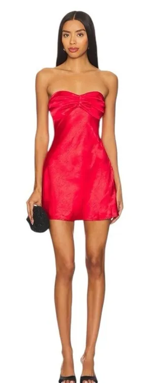 MORE TO COME Paloma Strapless Mini Dress Red Satin Ruched RuffleRevolve Medium thumbnail 1