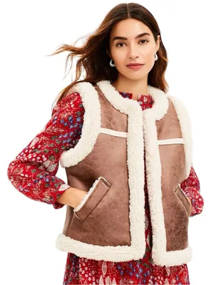 LOFT Faux Leather Suede Sherpa Open Vest Brown Cream Size M thumbnail 1