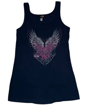 Harley Davidson Motorcycles navy blue tank top - pink glitter & wings graphics L thumbnail 1