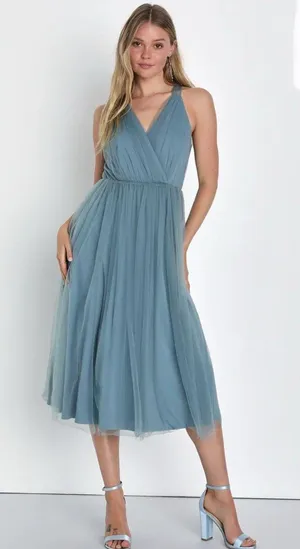 Lulus Elegant Ambiance Slate Blue Tulle A-Line Midi Dress Size Medium thumbnail 1