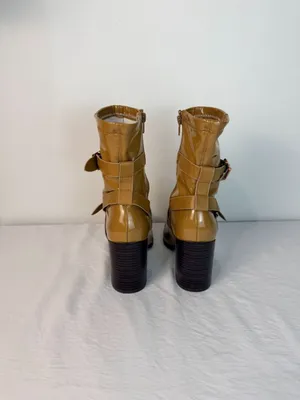 Bamboo Patent Leather Ankle Boots Women’s 7.5 Block Heel Buckle Strap Tan Brown thumbnail 4