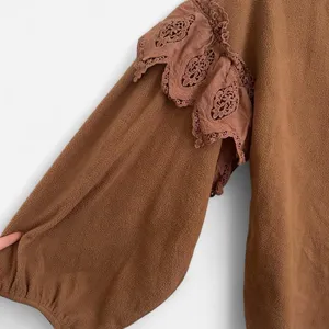 Entro fleece eyelet lace ruffle romantic cozy neutral brown top sz Small boho thumbnail 3