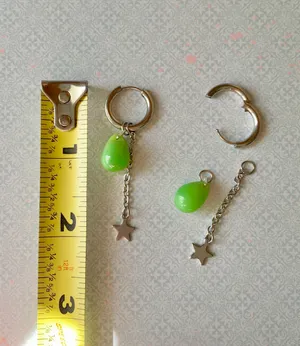 green opal teardrop Czech glass beads & stainless steel stars 4WAY hoop earrings💚 thumbnail 8
