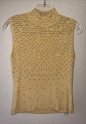 Vintage sparkling sequin Gold Sweater turtleneck sleeveless elegant 90s grandma thumbnail 1