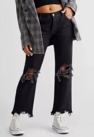 Free People We the Free | Black Distressed Raw Hem Straight Leg Maggie Jeans Size 25 thumbnail 1