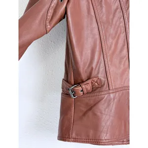 Y2K Vintage Leather Moto Jacket Cognac Brown Pelle Studio Funnel Neck M thumbnail 10