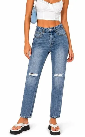 Edikted Polly Cutout Pocket Mom Jeans Distressed Medium Wash Y2K Festival Size M thumbnail 1
