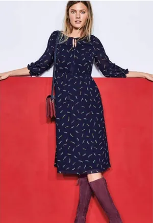 Boden Iona Rainbow Print Tie‎ Front 3/4 Sleeve Chiffon Knee Length Dress 6 Blue thumbnail 1