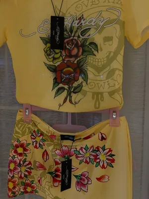 Ed Hardy Yellow Floral & Skull Tank Top + Matching Skirt Set thumbnail 2