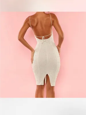 Oh Polly White Embellished Pearl • Ivory Beaded Spaghetti Strap Bodycon Dress thumbnail 2