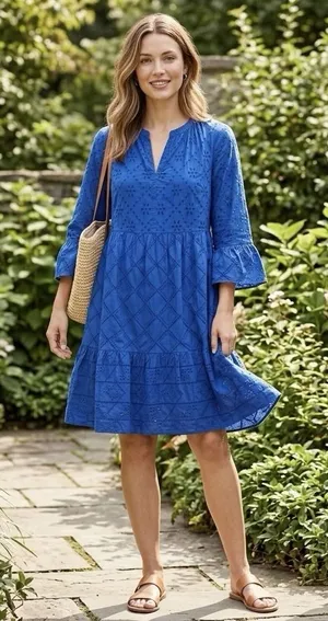 J Jill Size-S‎ Eyelet Tiered Dress Royal Blue Cotton Amalfi Coastal Boho thumbnail 1