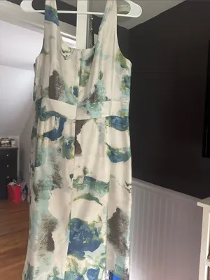 Banana Republic Cream Midi Dress with Blue and Green Floral Print, Fully lined. thumbnail 2
