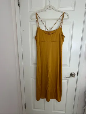 Zara Mustard Satin Midi Slip Dress‎ with Ruched Front Size Large thumbnail 3