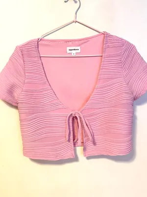 Superdown Open Front Tie Ribbed Textured Short Sleeve Crop Top Pink Womens Small thumbnail 4