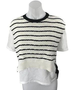 Zara Women's White Black Striped Overlay Short Sleeve Swaeter Vest Top Size M thumbnail 1