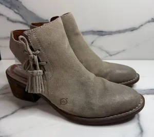 Born Taupe Leather Monikah Boots Sz 9.5 Festival Boho Western Fringe Side Zip thumbnail 1