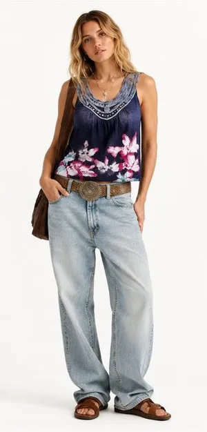 Anthropologie XS Navy Floral Tank Top Boho Beaded Scoop Neck Embellished Blouse thumbnail 1