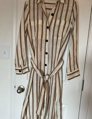ZARA boho cream tan striped linen buttoned belted collared shirt midi dress XS thumbnail 5