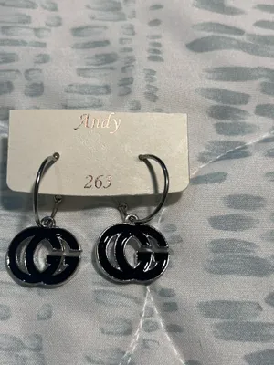 Andy Black Silver Double G Logo Hoop Dangle Earrings Statement Jewelry thumbnail 2