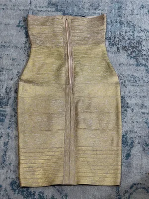 Herve Leger Isla Metallic Strapless Gold Bandage Mini Dress Size Medium thumbnail 4