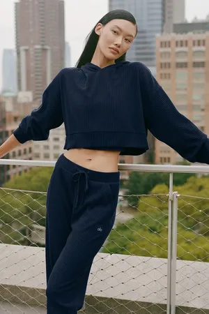 ALO yoga navy blue ribbed sweat set  thumbnail 1