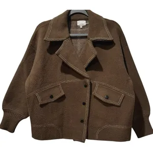 LENA Brown Knit Barn Jacket Sweater Contrast Stitching Oversized Quiet Luxury‎ thumbnail 1