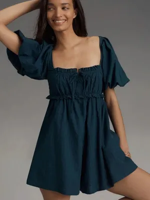 Pilcro by Anthropologie Teal Green Puff-Sleeve 3" Babydoll Romper - Size - XL thumbnail 2