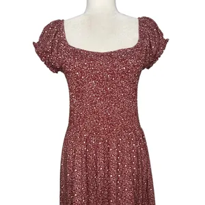 Urban Outfitters Large Rust Red Floral Smocked Dress Puff Sleeves Midi Maxi thumbnail 4