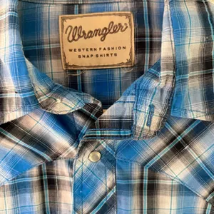 Wrangler Western Snap Shirt Plaid Long Sleeve Cowboy Blue White‎ Silver Treaded thumbnail 4