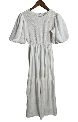Dissh White 100% Linen Puff Sleeve Smocked Midi Dress Cottagecore Coastal US 6 thumbnail 1