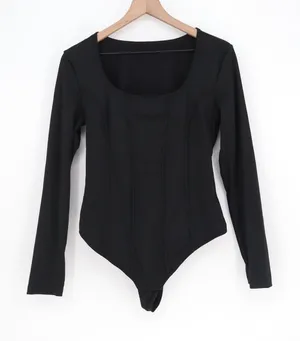 Black Square Neck Long Sleeve Corset Seam Bodysuit XXL thumbnail 1