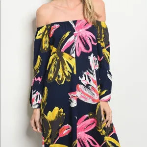 Navy Floral Off Shoulder Bell Sleeve Tunic Shift Mini Dress Size M thumbnail 3