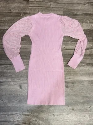 No Comment NY-LA Pink Ribbed Bodycon Sweater Dress Sheer Polka Dot Puff Sleeves thumbnail 4
