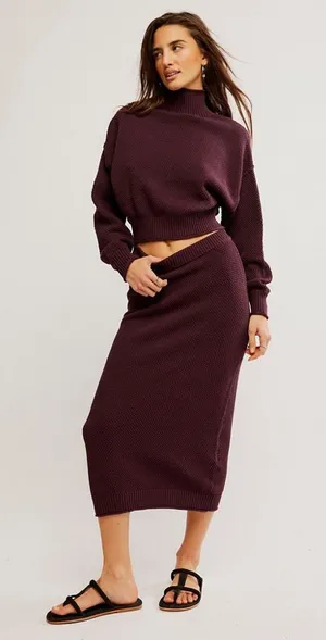 Free People Hailee Sweater Skirt Set in Vintage Wine S thumbnail 1