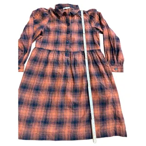 Autumn Inspired Burnt Orange Navy Plaid Button Front Empire Waist Shirt Dress M thumbnail 9