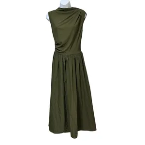 Miusol Olive Green Sleeveless Draped Mock Neck Ribbed A-Line Midi Dress Large thumbnail 2