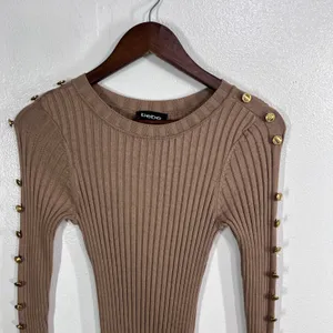 Bebe Ribbed Knit Bodycon Dress Womens XS Sesame Tan Gold‎ Button Shoulder Slit thumbnail 9