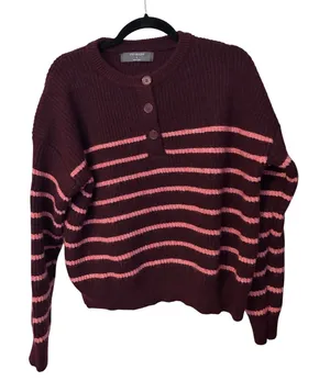 Primark Womens Henley‎ Striped Ribbed Knit Wool Blend Sweater Burgundy Pink L thumbnail 1