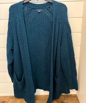 American‎ Eagle Teal Blue Open Front Knit Cardigan Sweater Pockets - Medium thumbnail 1