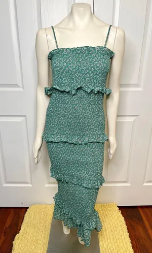 SheIn Green Floral Daisy Print Midi Smocked Bodycon Dress w/ Ruffles Size Medium thumbnail 7