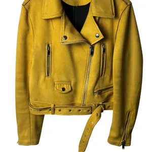 Zara Faux Suede Mustard Yellow Moto Jacket Belted Biker Zip Fall Grunge M thumbnail 4
