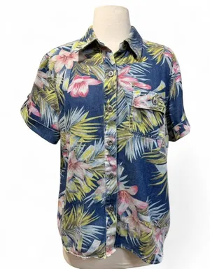 Chambray Hawaiian Floral Tropical Button Up Shirt Womens Medium Resort Denim thumbnail 1