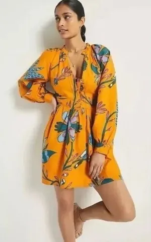 NEW!! Anthropologie LET ME BE Tropical Floral Dress Raglan Long Sleeves Large thumbnail 1