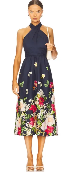 Yumi Kim Midi Dress Navy Floral Halter Neck Tie Back thumbnail 1
