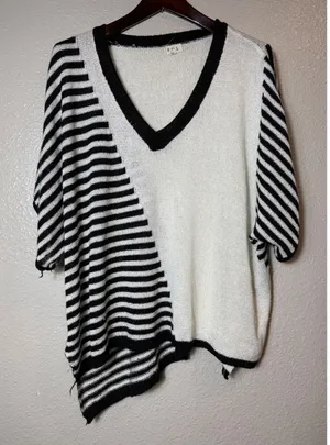POL Black & White Striped V-Neck Dolman Sleeve Knit Sweater Size L thumbnail 1
