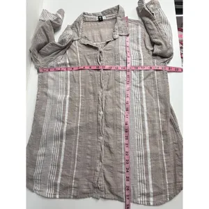 d-a-s-h cotton top tan white striped roll tab 3/4 sleeve‎ button down shirt M thumbnail 3