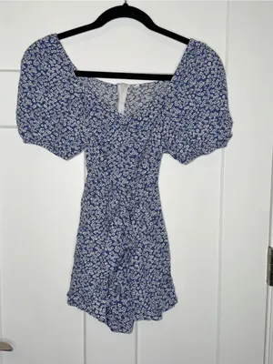 Blue and White Floral Puff Sleeve Romper thumbnail 1